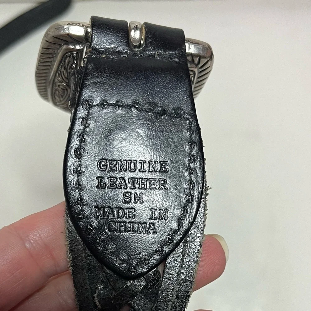 Black Braided Leather Western Belt Silver Accents Size Small
